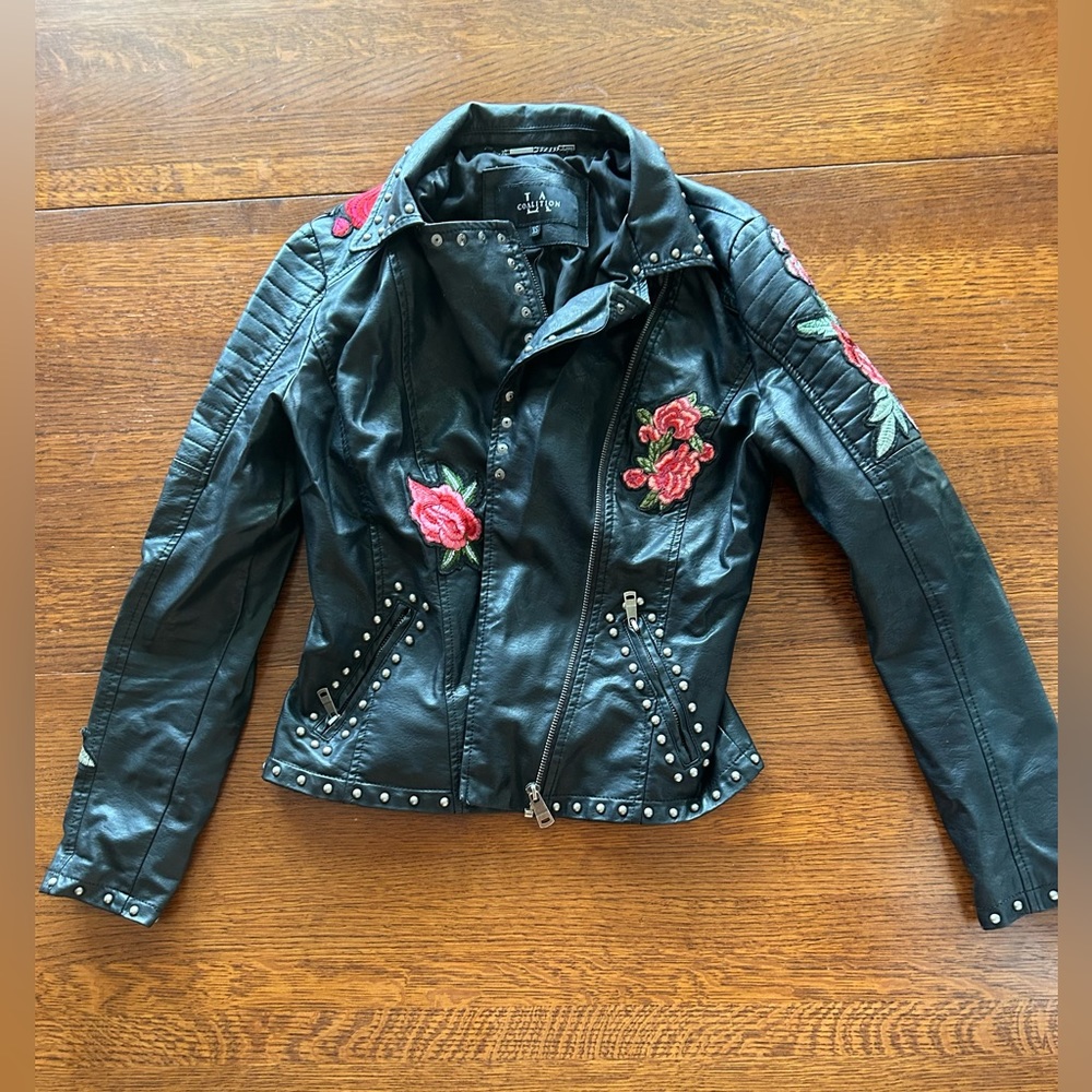 LA Coalition Floral Embroidered Faux Leather Jacket